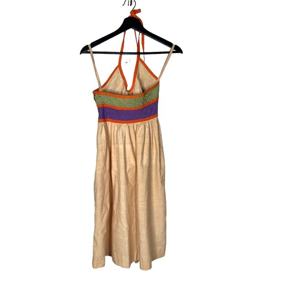 Vintage 70s Bill Tice Tan Multicolor Knee Length Halter Dress 8 - Picture 2 of 10